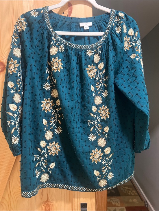 J. Jill Tops - J. Jill Teal Tunic with Cream Floral Embroidery size small